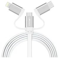 Кабель USB 2.0 A - micro USB 5pin (m-m) + Lightning +Type-C 1м 2А плоский ПВХ белый Crown CMCU-3182 white коробка