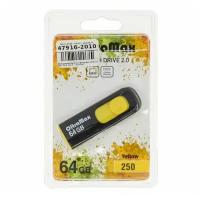 Флешка OltraMax 250, 64 Гб, USB2.0, чт до 15 Мб/с, зап до 8 Мб/с, желтая