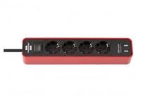 Удлинитель 1,5 м Brennenstuhl ECOLOR, 4 розетки, 2 USB, красный-черный 1153240076