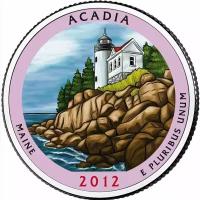 (013p) Монета США 2012 год 25 центов "Акадия" Вариант №1 Медь-Никель COLOR. Цветная