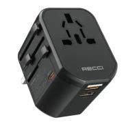 Зарядное устройство для всех стран мира RECCI Universal PD Charger Multiport, 2*USB+USB-C, PD20W+QC3.0, Черный