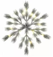 Хвойная композиция "Снежинка - сосновые кисточки" заснеженная, 20 прозрачных огней, литая хвоя (100% PE), 39 см, Kaemingk