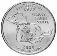 Памятная монета 25 центов (квотер, 1/4 доллара). Штаты и территории. Мичиган. США, 2004 г. в. Монета в состоянии UNC (без обращения)