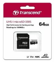 Карта памяти Transcend microSD 64GB High Performance, microSDXC UHS-I U3, V30, A2 [R/W - 100/85 MB/s] с адаптером