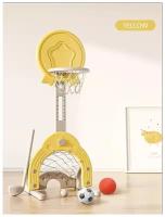 Стойка баскетбольная с мячиками Гольф 3 в 1 (футбол, гольф и баскетбол) + емкость для воды для устойчивости желтый