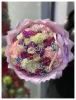 Букет Роза белая, гипсофилы голубые, гортензия роз, пионовидные кустовые роз. розы, гвоздики фиол, красивый букет цветов, шикарный, цветы премиум
