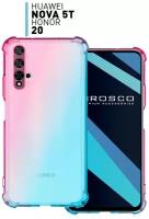 Противоударный чехол ROSCO для Honor 20, Huawei Nova 5T (Хонор 20, Хуавей Нова 5Т), усиленный, защита блока камер, силиконовый чехол, розово-голубой