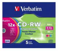 Диск CD-RW Verbatim 700Mb 12x Slim case (5шт) Color (43167)