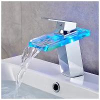 Смеситель для ванны на раковину с LED подсветкой ROVOGO / Кран на раковину для ванны каскадный / Кран с подсветкой для раковины чаши