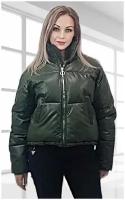 Пуховики и зимние куртки BGT Дутая зимняя кожаная куртка женская. Разм.46, зеленый
