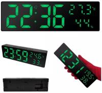 Часы электронные цифровые настольные с будильником, термометром, гигрометром и календарем (ПРМТ-103282) зелёная подсветка (чёрный корпус)