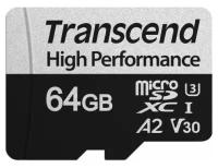 Карта памяти 64GB Transcend TS64GUSD330S High Performance, microSDXC UHS-I U3, V30, A2 [R/W - 100/85 MB/s] с адаптером