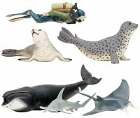 Фигурки игрушки серии "Мир морских животных": Кит, рыбка-молот, манта, морской леопард, дайвер (набор из 5 фигурок животных и 1 человека)