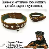 Кожаный ошейник для собак средних и крупных пород, ширина 35 мм, длина 70 см, объём шеи 50-62 см