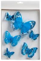 Набор бабочек для декора и флористики, на прищепке, пластиковый, синий, 6шт.,5 см, 8 см и 12 см