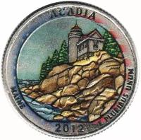 (013p) Монета США 2012 год 25 центов "Акадия" Вариант №2 Медь-Никель COLOR. Цветная