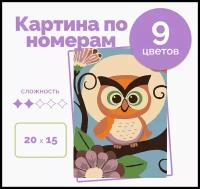 Детская картина по Номерам на Холсте 20х15, птица "Сова", кисти, акрил 9 цветов, для детей от 3 лет, для мальчиков и девочек, на стену