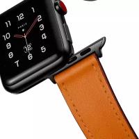 Кожаный ремешок для Apple Watch series 3 4 5 6 7 8 9 SE, в корпусах 38, 40, 41. Светло-Коричневый / Неrmеs Brown BF (Черная фурнитура)