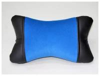 Подушка на подголовник экокожа, алькантара цвет середины синий, белая нить цвет боковой части черный