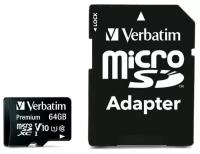 Карта памяти Verbatim 64Gb 90MB/s MicroSD Premium Class 10 с адаптером