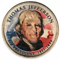 (03p) Монета США 2007 год 1 доллар "Томас Джефферсон" Вариант №2 Латунь COLOR. Цветная