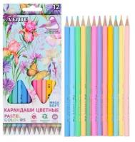 Карандаши 12 цветов, deVENTE Trio Mega Soft Pastel, трёхгранный корпус, супер мягкие, 4M, грифель 3 мм, пастельные цвета