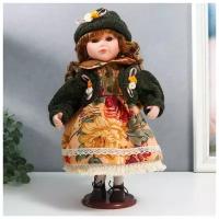 Кукла коллекционная керамика "Алёна в платье с цветами, в зелёной шапке и джемпере" 30 см 7586169