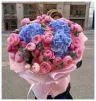 Букет "Дыхание любви" пионовидные розы ассорти, гортензия, оксипеталум, красивый букет цветов, шикарный, цветы премиум, роза