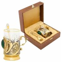 Уральский сувенир Позолоченный подстаканник с малахитом со стаканом (Златоуст)