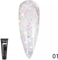 Global Fashion Цветной блестящий полигель (акригель, акрилатик) для наращивания и укрепления ногтей с глиттером Quick Builder Glitter Extension Nail Gel, 30 гр / 01 кристальный единорог