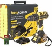 Дрель аккумуляторная ударная Hanskonner HCD1865I, 18В, 1BatterySystem, 2 аккумулятора, 2,4Ач, б/щ