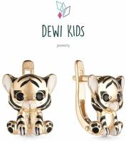 Детские серьги серебряные 925 пробы Золотой Тигрёнок позолоченные с эмалью и фианитами DEWI KIDS