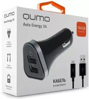 Автомобильное зарядное устройство Qumo 3A, 2 USB, 1A+2A кабель Micro USB в комплекте (Модель Charger 0061 + кабель Micro USB) черный