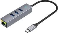 USB Хаб (HB34) c 1 Type-C на 3 USB 3.0+RJ45, HOCO, металлический серый