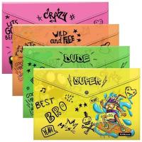 Набор из 4 папок-конвертов на кнопке пластиковых ErichKrause Funny Monsters, A4, ассорти