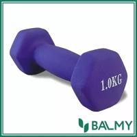 Гантель спортивная шестигранная неопреновая 1 кг BALMY для занятий спортом и домашних тренировок для фитнеса и йоги (фиолетовая) 1 шт