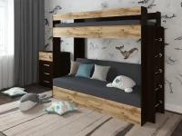 Кровать двухъярусная с диваном Есэндвич Лаворо, 110x209 см (Венге/Дуб вотан/Рогожка Savana Grey)