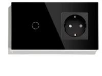 Умный сенсорный выключатель с розеткой в одной стеклянной черной рамке для Алисы, WIFI переключатель одноклавишный + 1 обычная розетка
