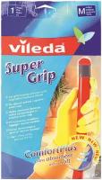 Vileda Super Grip Резиновые перчатки хозяйсвтенные универсальные с рельефным профилел и внутренним хлопковым напылением Размер 8 M Средний