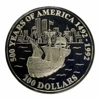 Острова Кука 100 долларов 1993 г. (500 лет Америке - Парусный корабль Елизаветы II в Нью-Йорке) (PP)